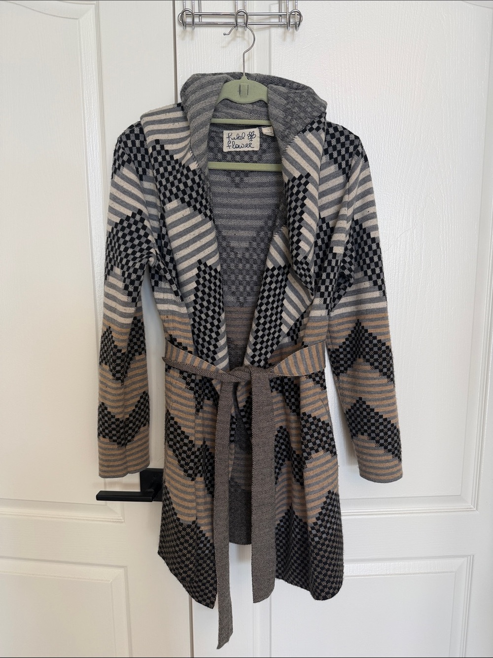 Anthropologie Field Flower Chevron Knit Belted Coat Cardigan Sweater